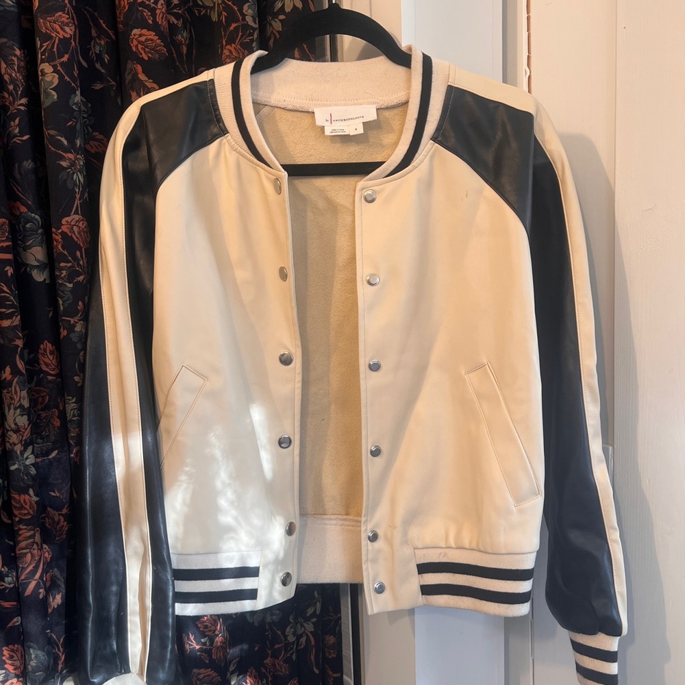 Anthropologie Cream and Black Varsity Bomber Jacket